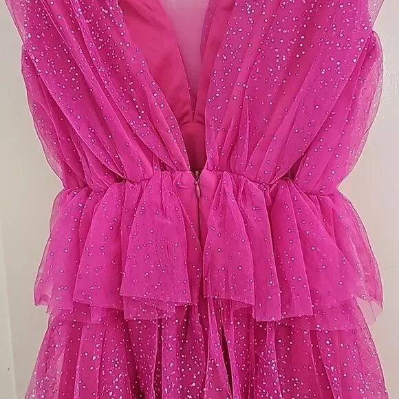 Vici exclusive: Glitter‎ Always Tulle Tiered Mini Dress - HOT PINK - Size Small - Picture 8 of 16
